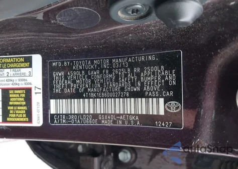 2013 Toyota Avalon Xle z USA, uszkodzony, nr VIN 4T1BK1EB6DU027278